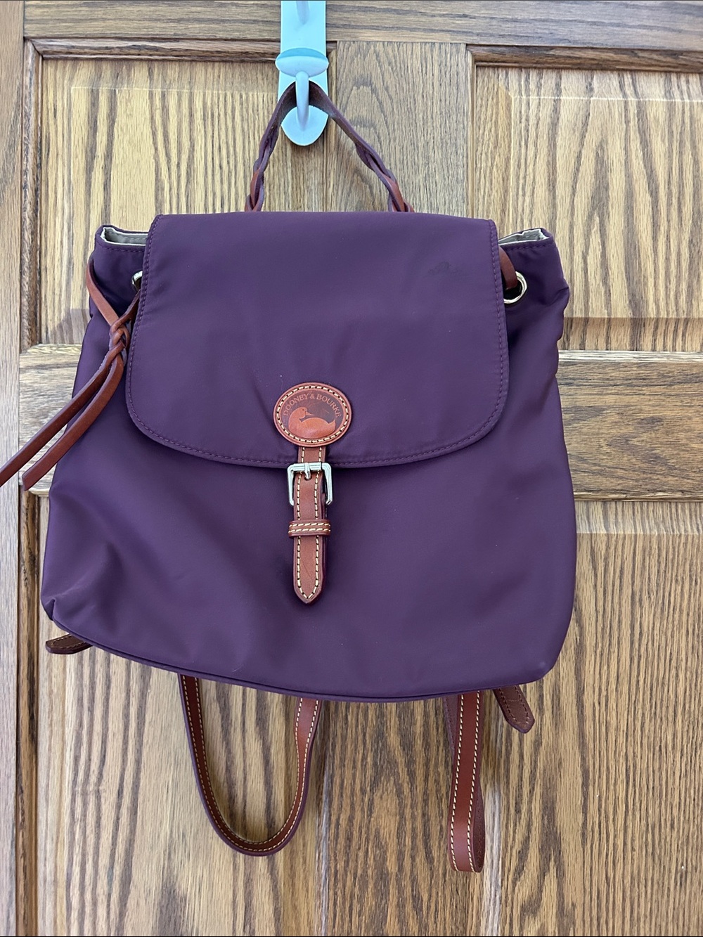 NWOT Women's Plum Nylon Backpack with Brown Leather Trim